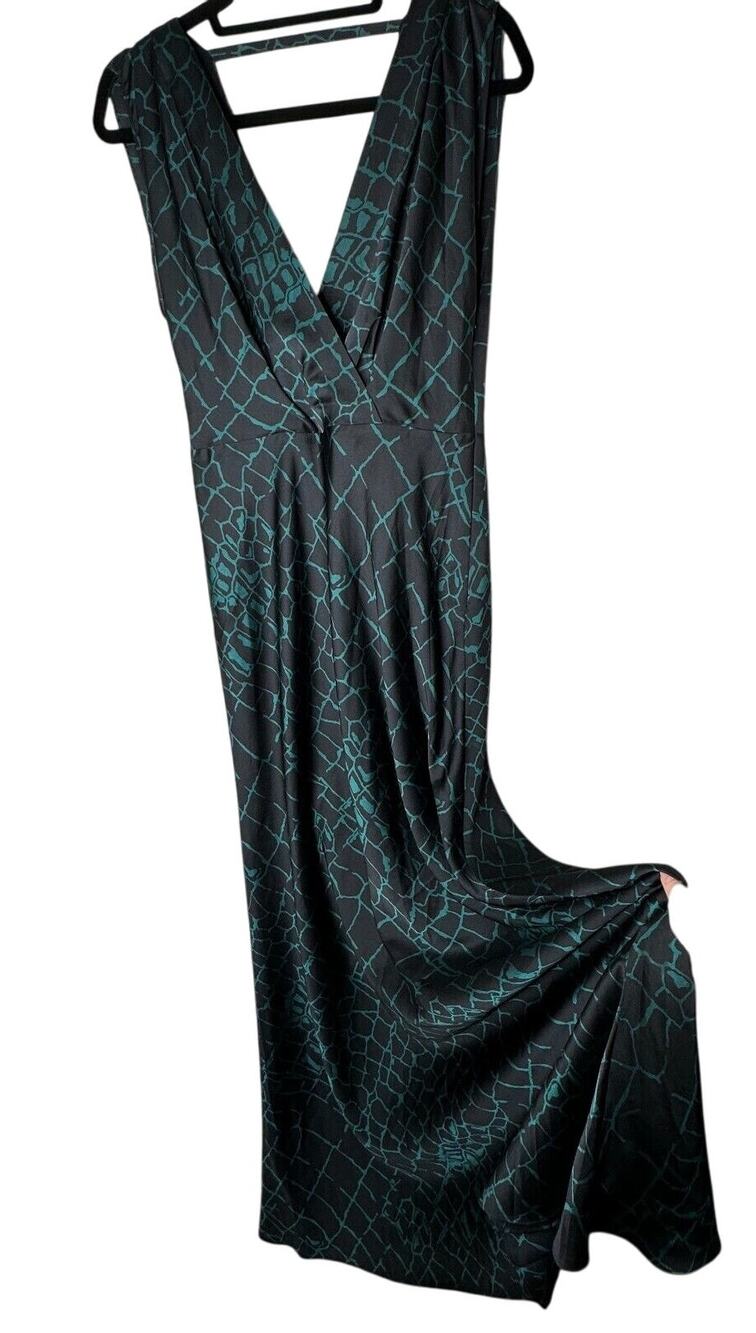 REISS Bebe Black & Green Print Flowy Maxi Sleeveless Deep V-Neck Front & Back 8
